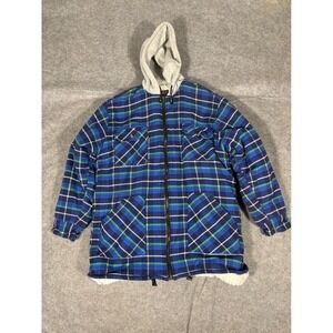 Arctic Wear Men's Plaid Lined Hooded Jacket Blue Green White XL Sherpa Lined